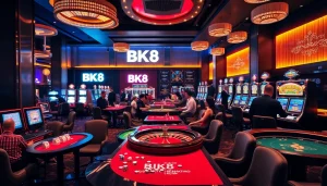 Experience exciting BK8 gaming at a luxurious casino with vibrant tables and slot machines.