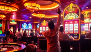 Para pemain yang bersemangat merayakan kemenangan di Slot Depo 1000, menampilkan elemen kasino yang berwarna-warni.