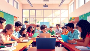 education-focused modern classroom with diverse students engaged in learning