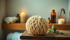 Examine the best back loofah showcasing its texture in a calming bathroom setting.