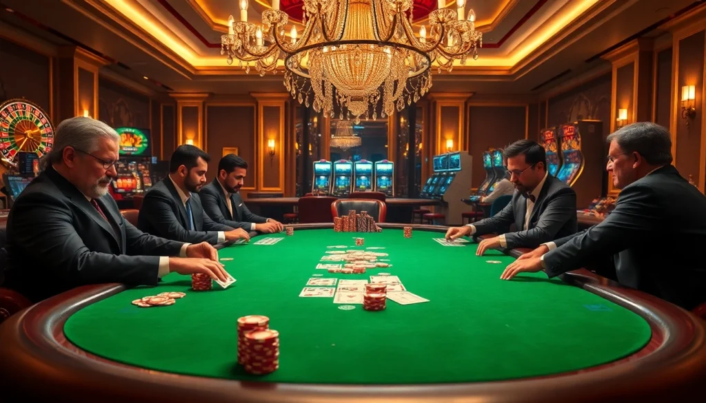 Players strategically bet at a poker table in a vibrant J88 casino atmosphere.