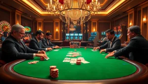 Players strategically bet at a poker table in a vibrant J88 casino atmosphere.