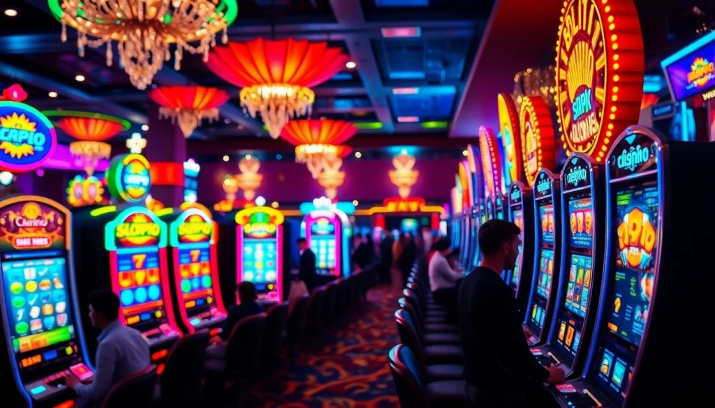 Menggambarkan suasana kasino yang hidup dengan slot depo 1k yang menarik perhatian.