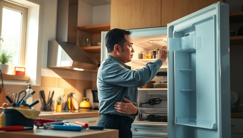 Technician conducting refrigerator repair ottawa with tools in a well-lit kitchen setting.
