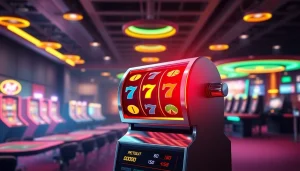 Menangkan slot deposit 1000 dengan gambar mesin slot penuh warna dan suasana kasino yang dinamis.