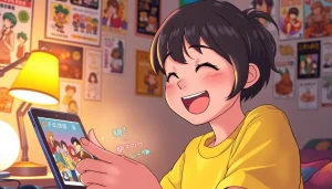 무료웹툰을 즐기는 젊은 사람의 행복한 모습, 다양한 웹툰 장르 표현