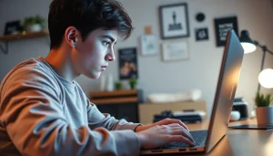 1win hesab acmaq prosesi zamanı gənc iştirakçının laptopda diqqətlə işləməsi.