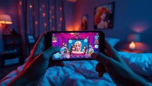 Engaging mobile porn game interface displayed on a cozy bedroom device.