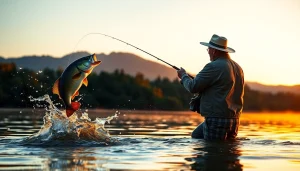 Angler fly fishing for bass on a tranquil lake at sunset with dynamic splashes.