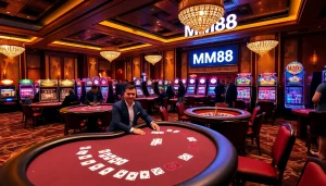 Win big at MM88 with exciting casino games featuring vibrant tables, dealers, and slot machines.