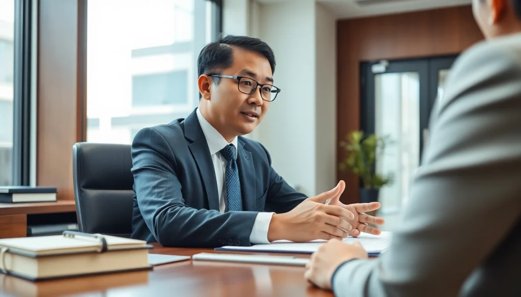 Intellectual property lawyer consulting with a client in a professional office setting.