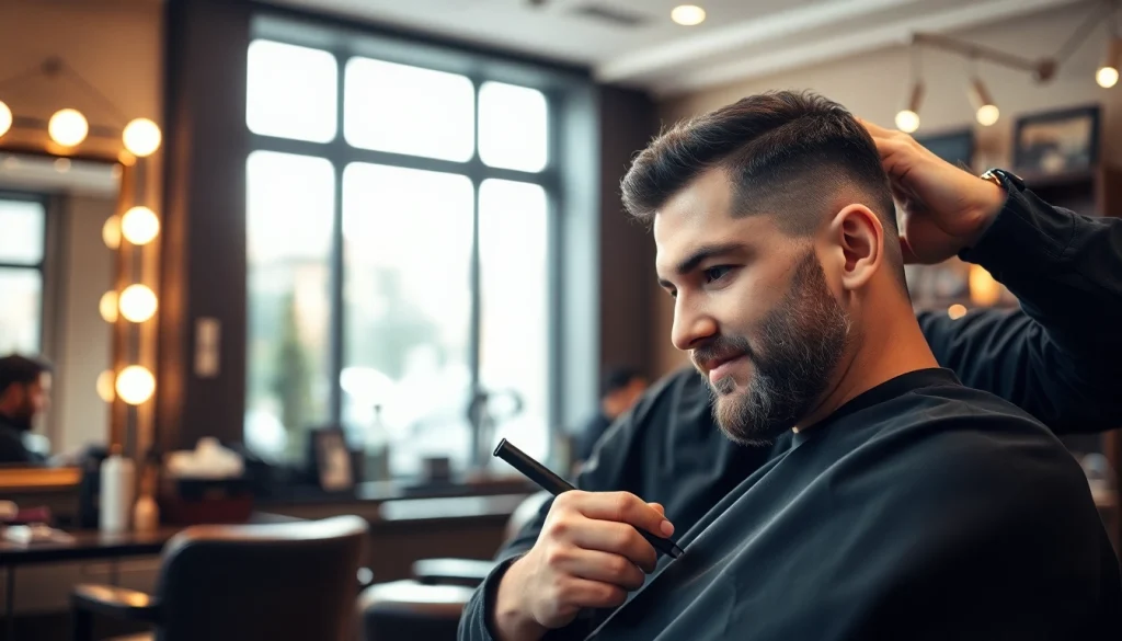 Frizer Craiova providing professional hair grooming service to a satisfied client.