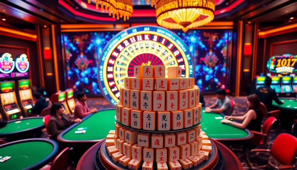 Engage in link mahjong gameplay amidst vibrant casino lights and luxurious gaming tables.