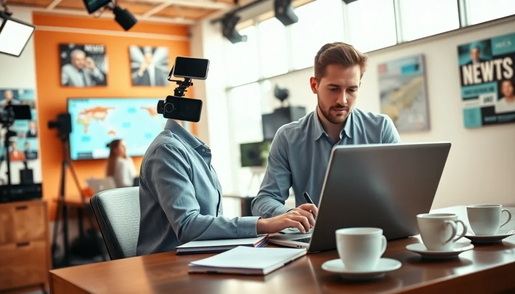 Engaging journalist at work within the vibrant newsroom of https://www.todayville.com, showcasing dynamic professionalism.