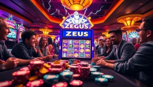 Players spinning the reels on the Zeus slot machine amid a vibrant casino atmosphere.