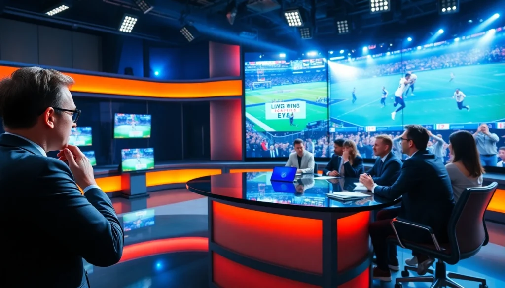 Engaging sports broadcasting studio with hosts discussing live events and vibrant screens.