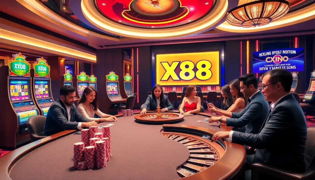 Experience an exciting game at XX88 casino with vibrant poker tables and slot machines.