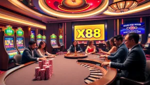 Experience an exciting game at XX88 casino with vibrant poker tables and slot machines.