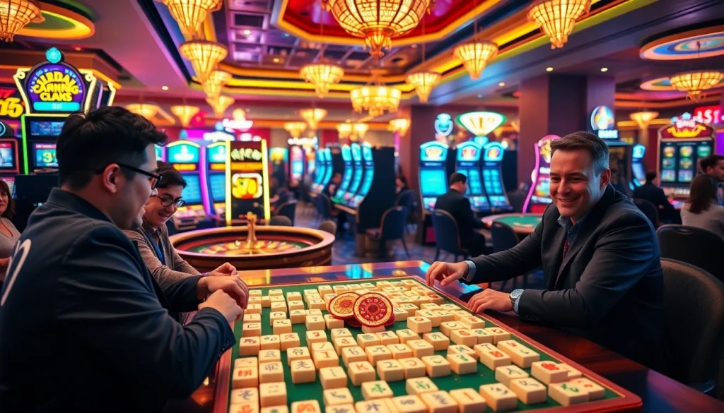 Engage in a thrilling game of link mahjong at an exciting casino with vibrant lights and eager players.