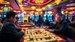 Engage in a thrilling game of link mahjong at an exciting casino with vibrant lights and eager players.