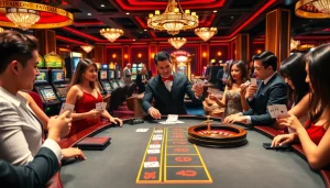 Players enjoying a thrilling game of blackjack at a luxury casino table at xx88 kjc.