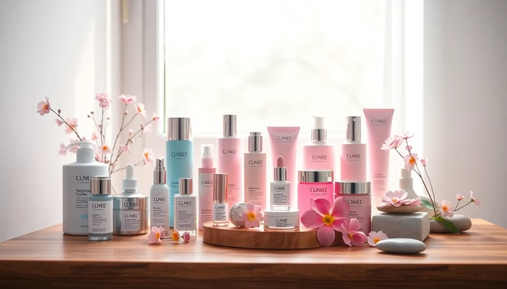 Kosmetika grožio produktai gražiai išdėstyti ant medinio stalo.