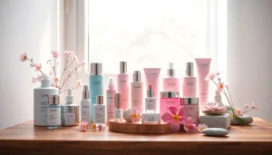 Kosmetika grožio produktai gražiai išdėstyti ant medinio stalo.