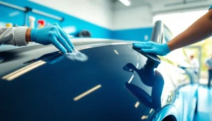 Enhance your vehicle's shine with ceramic coating near me, showing a professional application process.