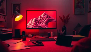 Intimate digital art studio showcasing AI NSFW content creation in a cozy setting.