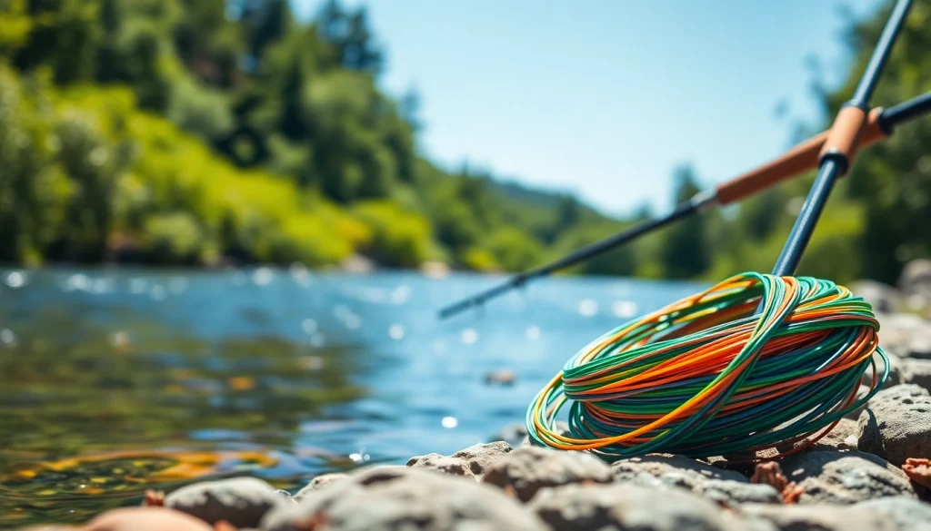 See a vibrant fly fishing line elegantly coiled beside a fly rod on a tranquil riverbank.
