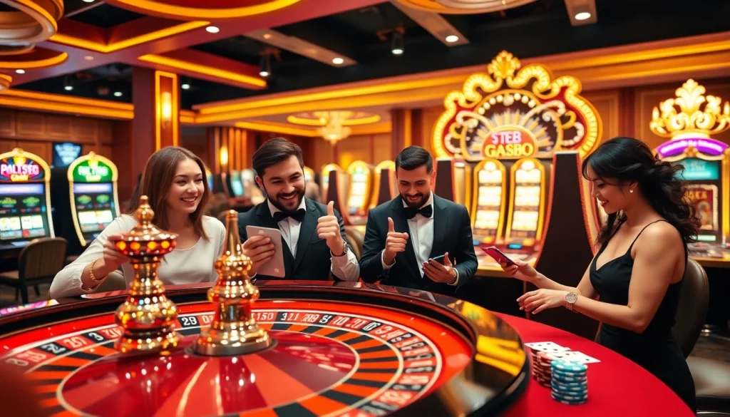 Experience excitement at https://gg88.gold/ with players enjoying a luxurious casino atmosphere featuring roulette and slot machines.