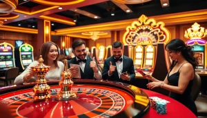 Experience excitement at https://gg88.gold/ with players enjoying a luxurious casino atmosphere featuring roulette and slot machines.