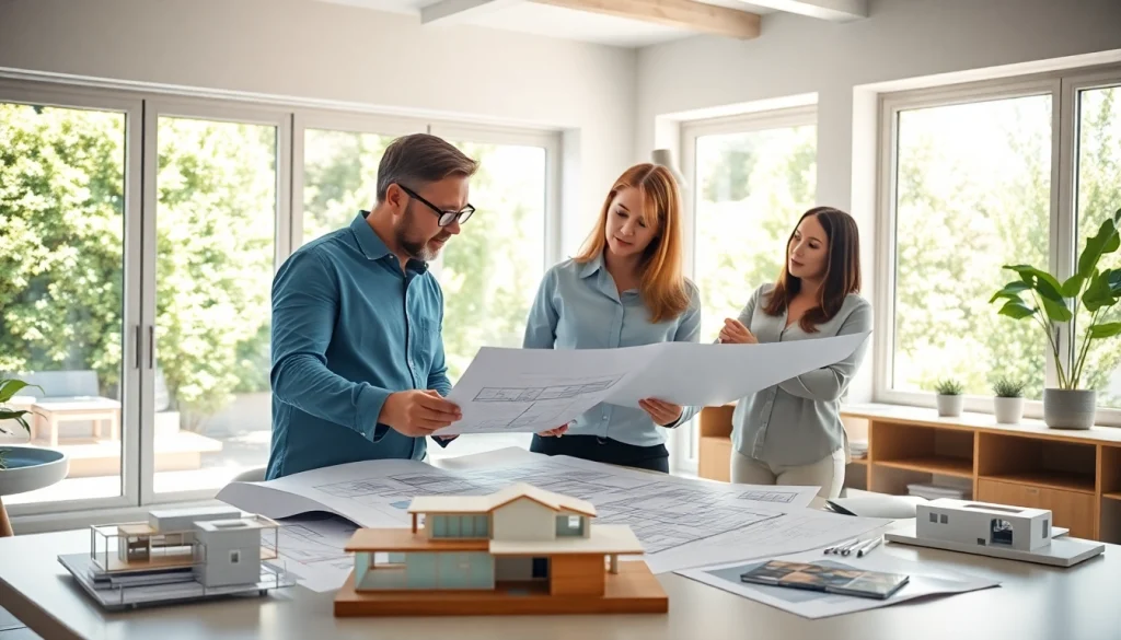 Residential architects for home renovation team collaborating in a bright and modern office.