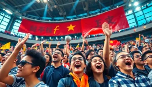 Exciting sports fans celebrating at a live event for 토토스토리.