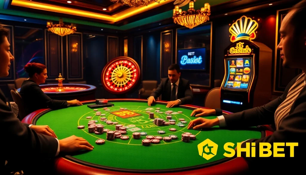 Experience thrilling poker action at SHBET's luxurious casino table with vibrant colors.