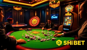 Experience thrilling poker action at SHBET's luxurious casino table with vibrant colors.