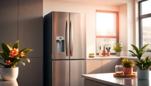 Explore refrigerator sales featuring a modern stainless steel refrigerator in a stylish kitchen.