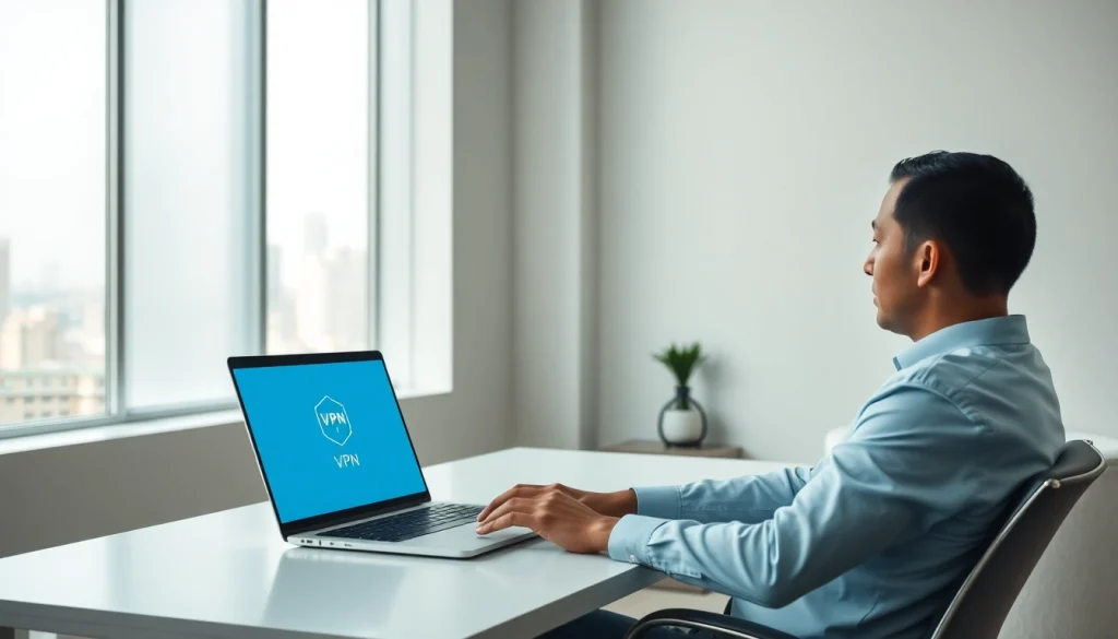 在现代办公室使用快连 VPN 的专业人士，象征安全连接与高效生产力。