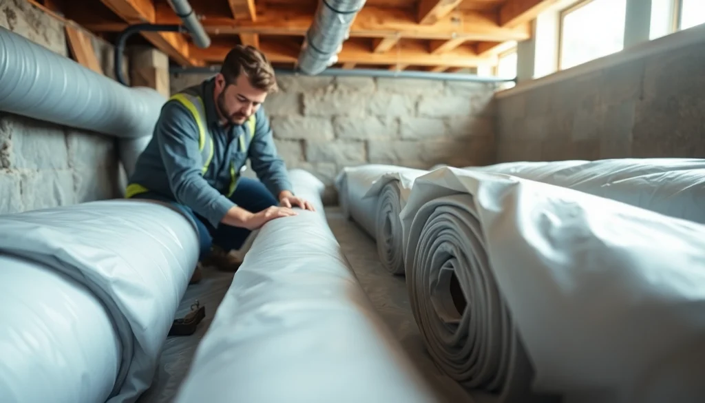 Vapor Barrier Installation being carried out by a professional technician in a crawl space, ensuring a moisture-free environment.