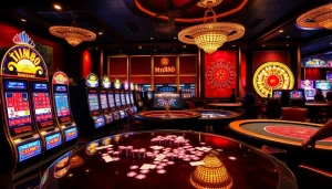 mm88 players celebrating a win at a luxurious casino table surrounded by vibrant slot machines.