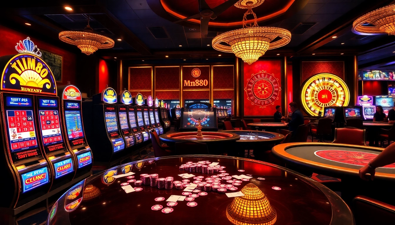 mm88 players celebrating a win at a luxurious casino table surrounded by vibrant slot machines.