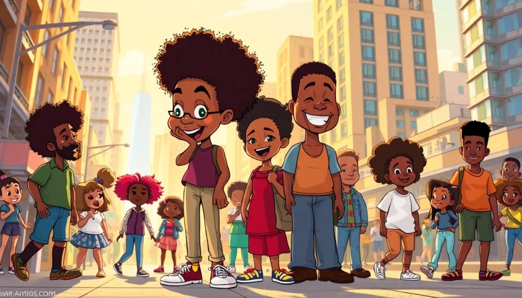 A vibrant illustration featuring diverse African American cartoon characters celebrating creativity in an urban setting.