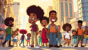 A vibrant illustration featuring diverse African American cartoon characters celebrating creativity in an urban setting.