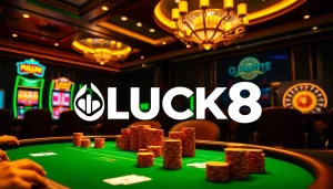 LUCK8 showcases an exciting casino scene with vibrant slot machines and engaged poker players.
