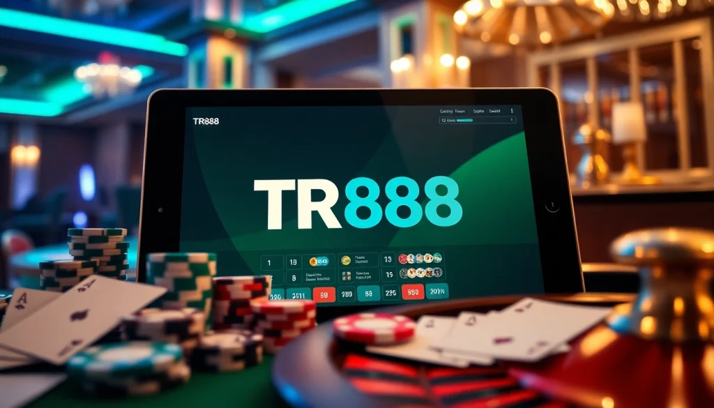 Experience TR88’s exciting online casino with vibrant chips and elegant gaming ambiance.