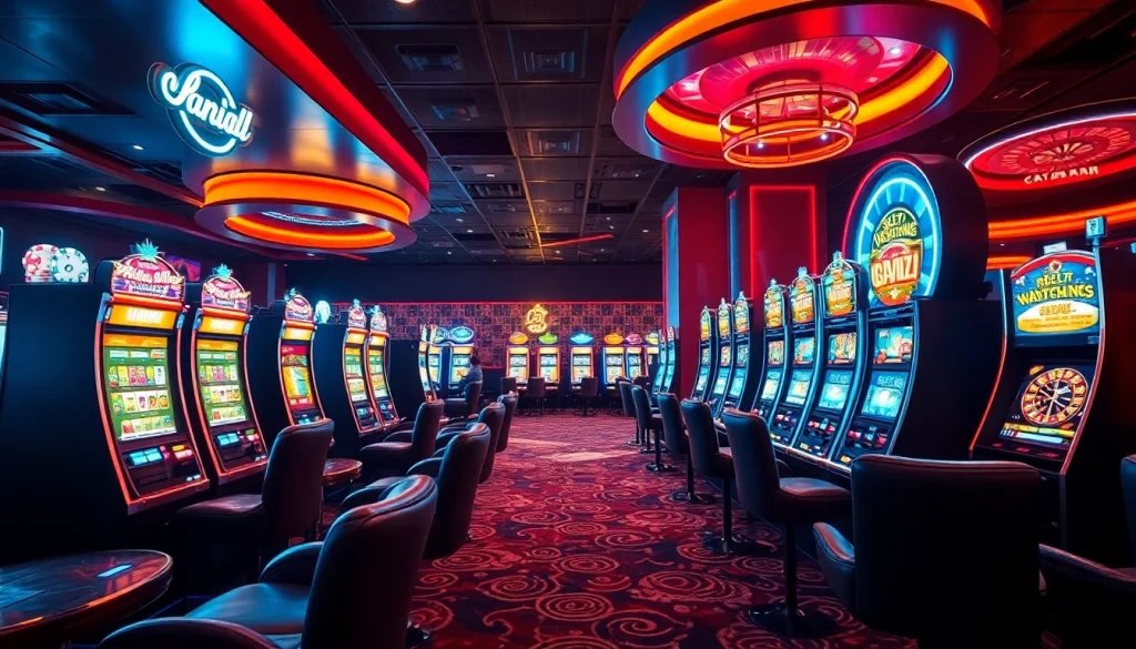 Players enjoying vibrant slot machines at a glamorous casino inspired by zonafilm's lively gambling atmosphere.