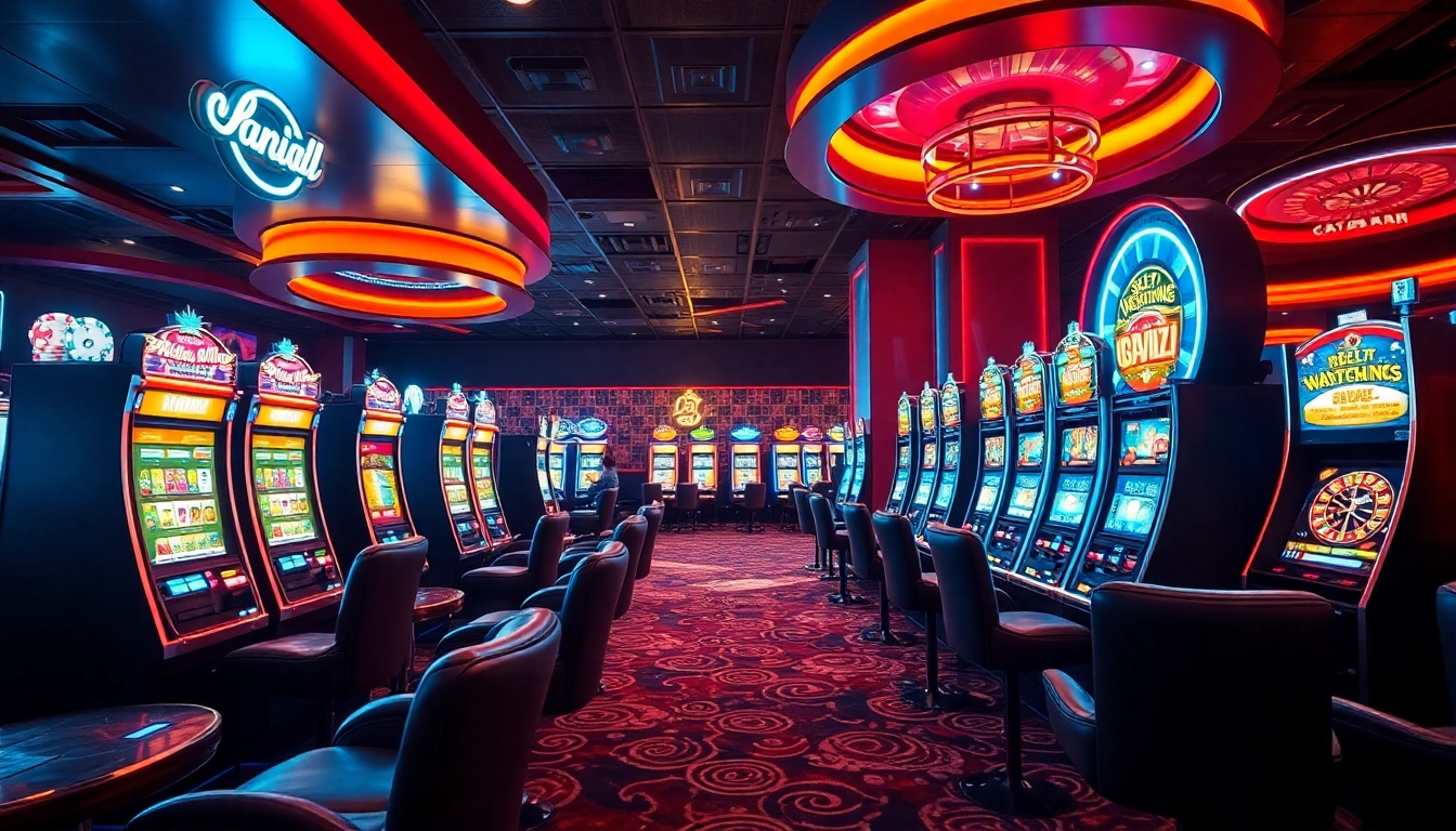 Players enjoying vibrant slot machines at a glamorous casino inspired by zonafilm's lively gambling atmosphere.