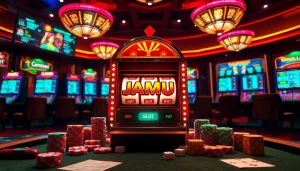 Experience the excitement of winning at Jamu Slot with vibrant casino visuals showcasing gaming action.