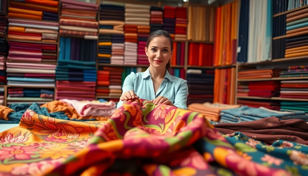 Stof voor jurk kopen in een kleurrijke stoffenwinkel met bloemmotieven.