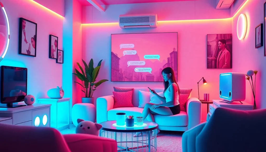 Engaging atmosphere showcasing an AI girlfriend in a cozy virtual room with a chat screen.
